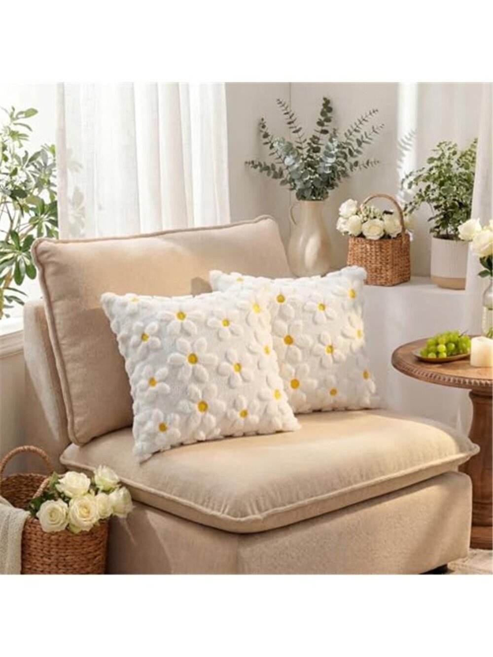 Spring Summer Cream White Daisy Throw Pillow Covers Set of 2, 18x18 - Picture 5 of 7